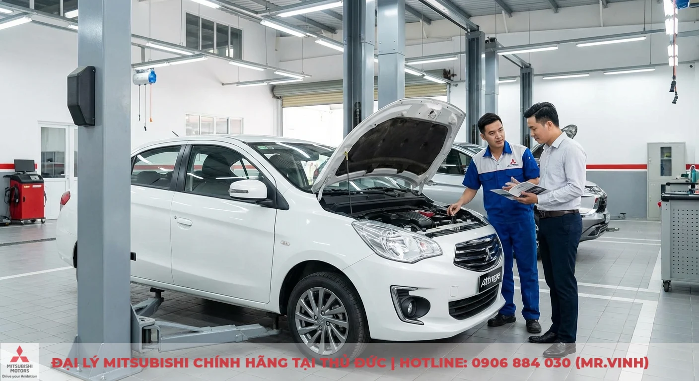 Kỹ thuật vi&ecirc;n Mitsubishi Saigon 3S kiểm tra xe Attrage, hướng dẫn kh&aacute;ch h&agrave;ng về quy tr&igrave;nh thực hiện bảo h&agrave;nh