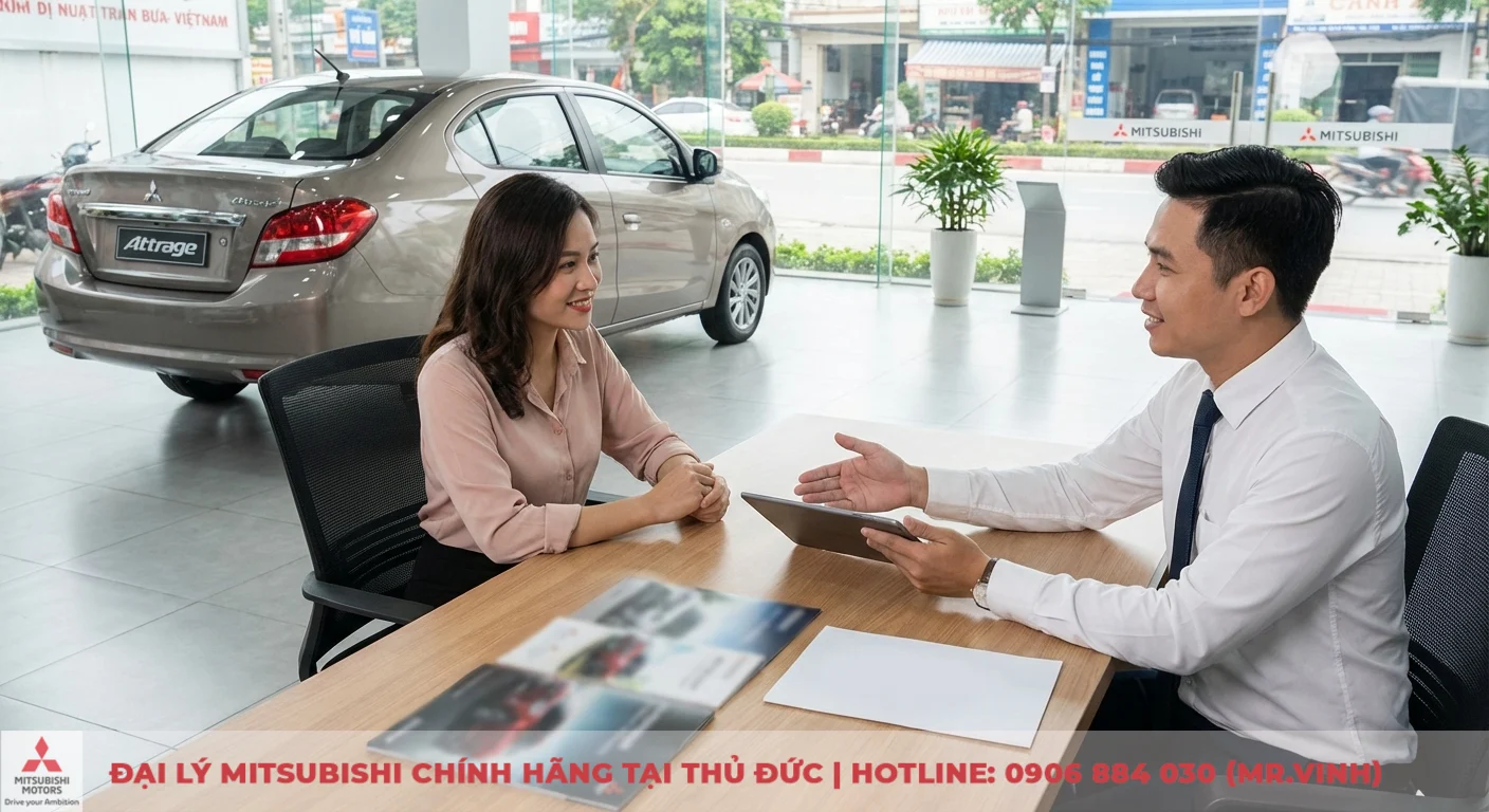 Tư vấn vi&ecirc;n Mitsubishi Saigon 3S đang tư vấn chi tiết ch&iacute;nh s&aacute;ch bảo h&agrave;nh Attrage 2026 cho kh&aacute;ch h&agrave;ng