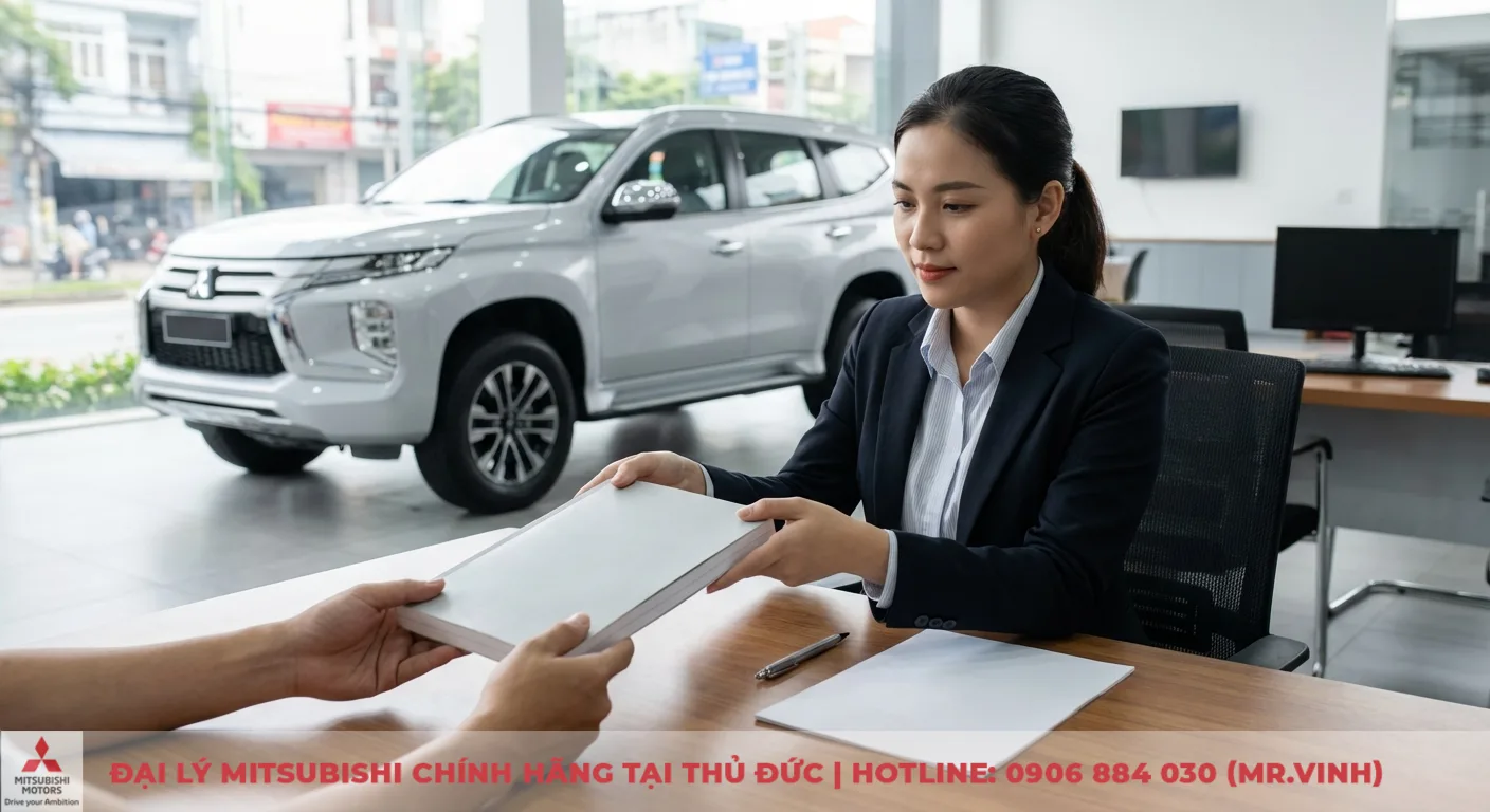 Một nữ nh&acirc;n vi&ecirc;n Mitsubishi đang trao t&agrave;i liệu cho kh&aacute;ch h&agrave;ng tại b&agrave;n l&agrave;m việc trong showroom, ph&iacute;a sau l&agrave; chiếc SUV Mitsubishi m&agrave;u trắng