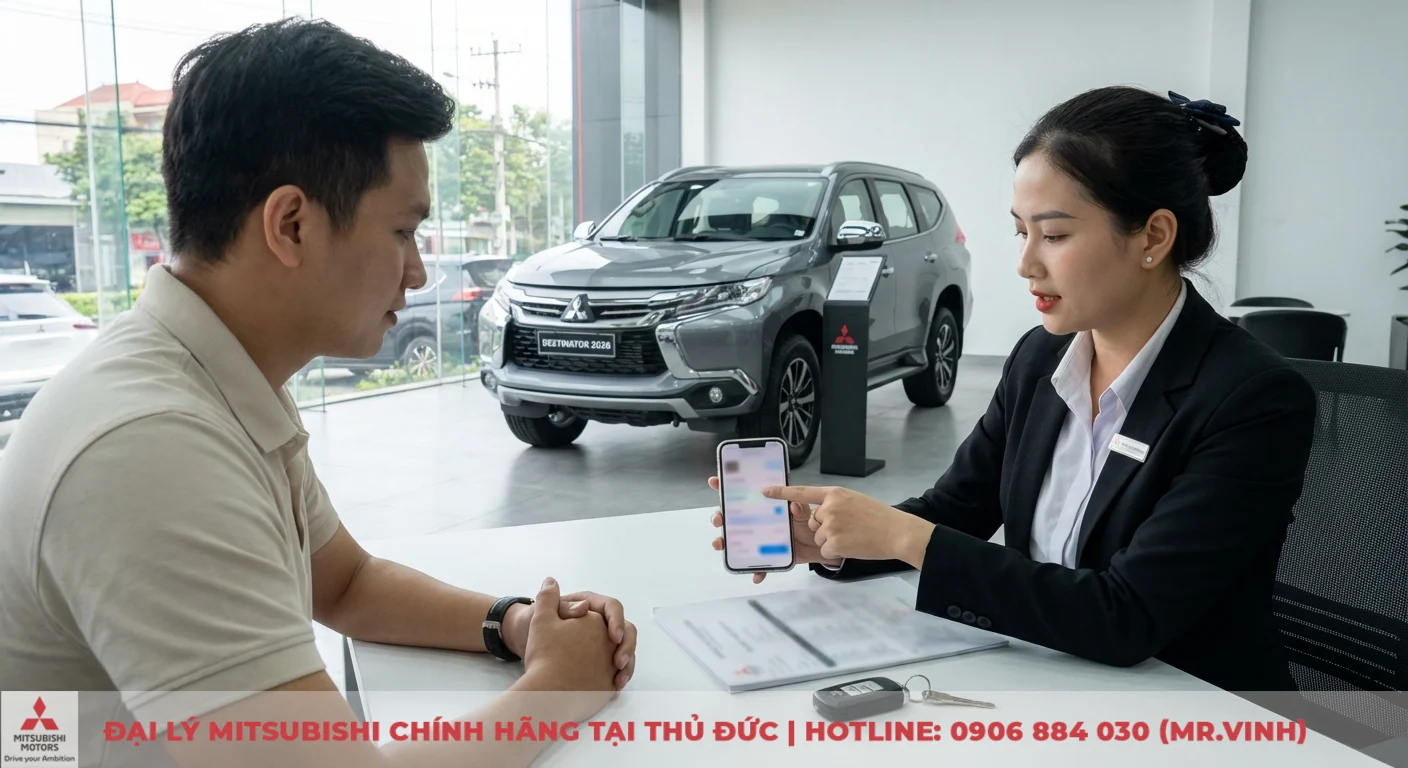 Kh&aacute;ch h&agrave;ng v&agrave; nh&acirc;n vi&ecirc;n Mitsubishi tại đại l&yacute; đang k&iacute;ch hoạt bảo h&agrave;nh điện tử xe Destinator 2026 qua điện thoại