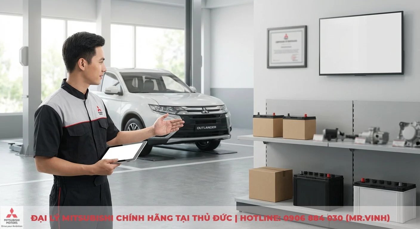 Kỹ thuật vi&ecirc;n Mitsubishi giới thiệu phụ t&ugrave;ng thay thế ch&iacute;nh h&atilde;ng như pin ắc quy, c&ugrave;ng xe Outlander trong xưởng dịch vụ