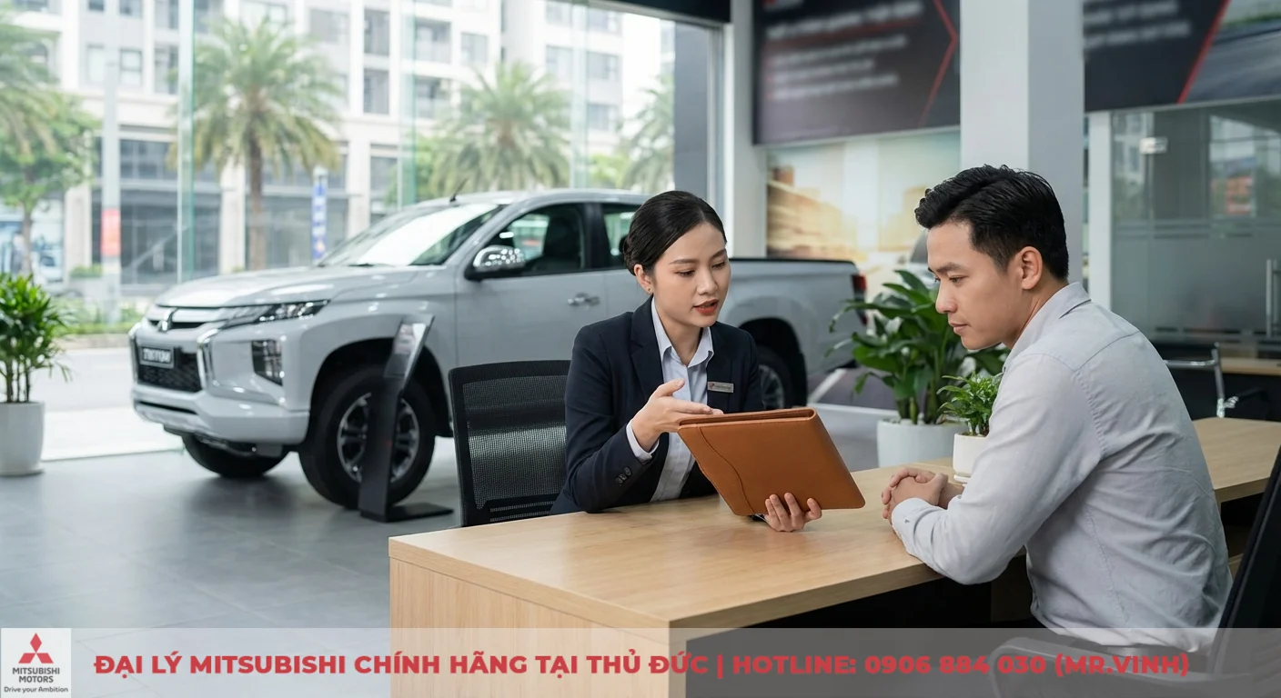 Trong ph&ograve;ng trưng b&agrave;y Mitsubishi, nữ tư vấn vi&ecirc;n giới thiệu ch&iacute;nh s&aacute;ch xe Triton cho kh&aacute;ch h&agrave;ng nam b&ecirc;n cạnh chiếc b&aacute;n tải m&agrave;u trắng