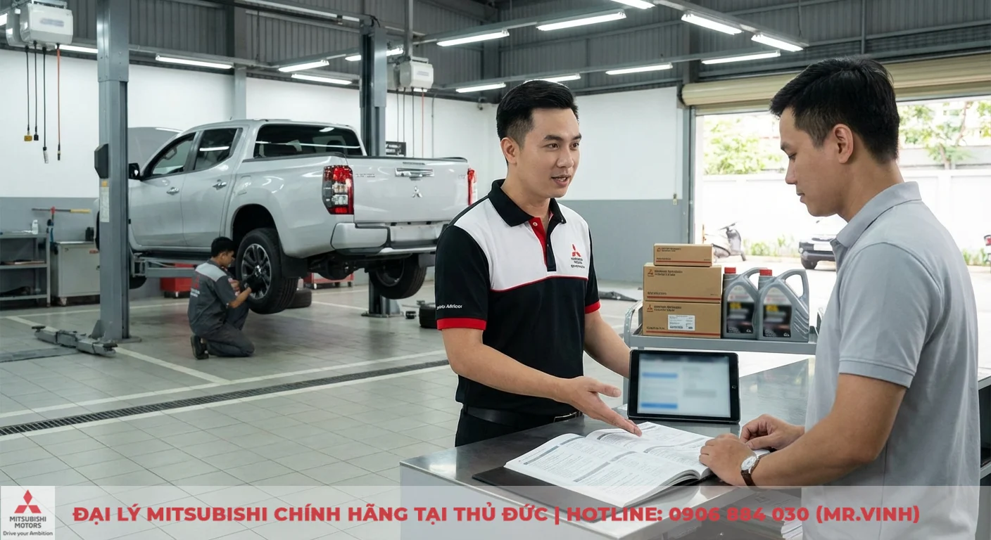 Nh&acirc;n vi&ecirc;n Mitsubishi tư vấn kh&aacute;ch h&agrave;ng về bảo dưỡng định kỳ, xe b&aacute;n tải Triton tr&ecirc;n cầu n&acirc;ng được thợ sửa, phụ t&ugrave;ng ch&iacute;nh h&atilde;ng