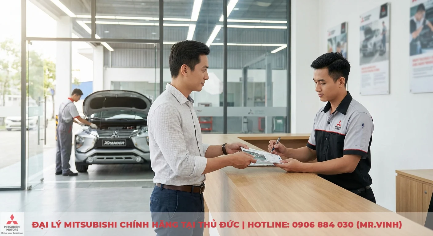 Kh&aacute;ch h&agrave;ng trao đổi hồ sơ tại quầy dịch vụ Mitsubishi, kỹ thuật vi&ecirc;n kiểm tra xe Xpander đang mở nắp capo