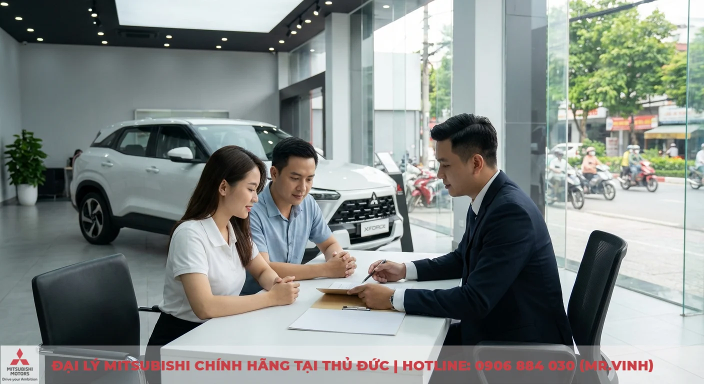 Bảo hành Mitsubishi XFORCE 2026: Chính sách & quyền lợi cập nhật 1 Khách hàng tìm hiểu chi tiết chính sách bảo hành Mitsubishi XFORCE 2026 với nhân viên bán hàng tại showroom