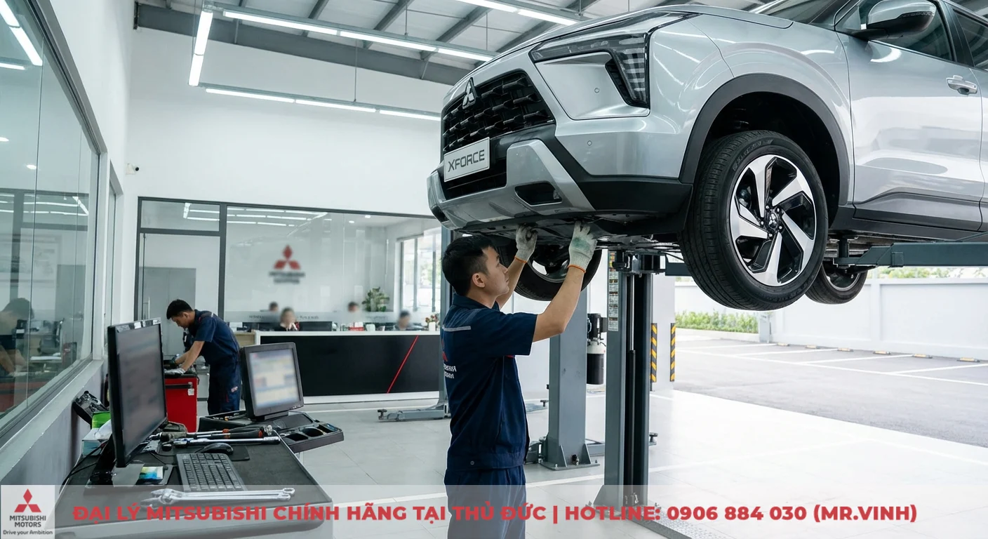 Bảo hành Mitsubishi XFORCE 2026: Chính sách & quyền lợi cập nhật 2 Thợ kỹ thuật Mitsubishi Sài Gòn 3S thực hiện bảo dưỡng định kỳ chiếc XFORCE, kiểm tra gầm xe để giữ vững bảo hành
