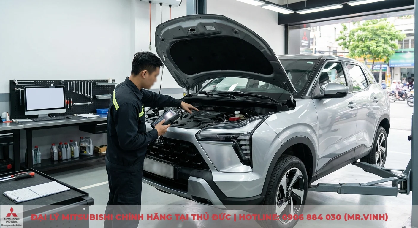 Bảo hành Mitsubishi XFORCE 2026: Chính sách & quyền lợi cập nhật 4 Kỹ thuật viên Mitsubishi Sài Gòn 3S kiểm tra động cơ Mitsubishi XFORCE 2026 bằng thiết bị trong quy trình bảo hành