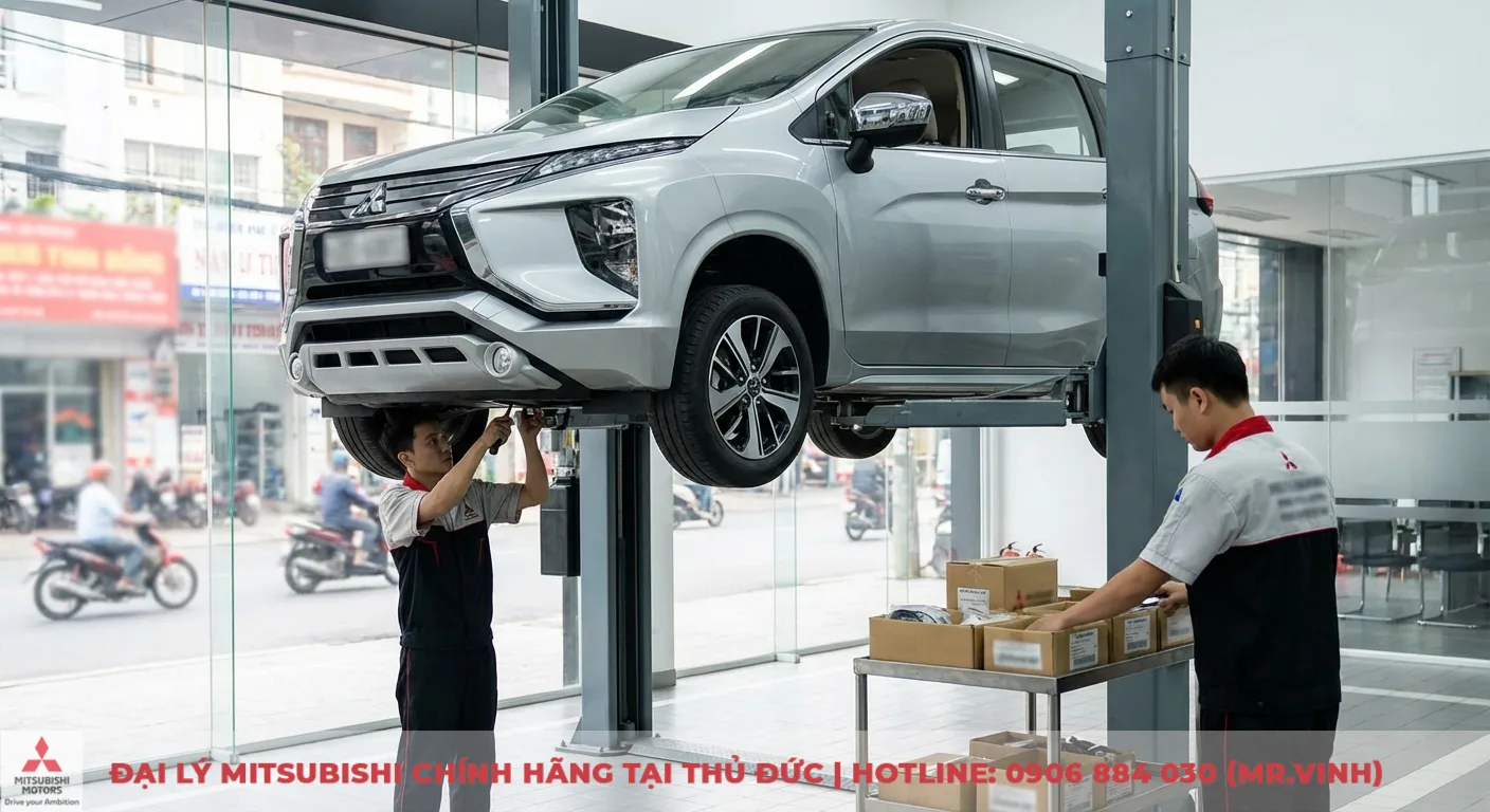 Bảo hành Xpander 2026: Thời hạn và điều kiện tại Mitsubishi Saigon 3S 2 Mitsubishi Xpander trên cầu nâng được kỹ thuật viên đại lý ủy quyền bảo dưỡng, đáp ứng điều kiện bảo hành