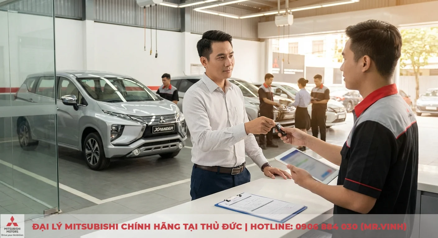 Bảo hành Xpander 2026: Thời hạn và điều kiện tại Mitsubishi Saigon 3S 3 Khách hàng bàn giao chìa khóa xe Xpander cho kỹ thuật viên, thực hiện bước đầu trong quy trình yêu cầu bảo hành tại Mitsubishi Saigon 3S
