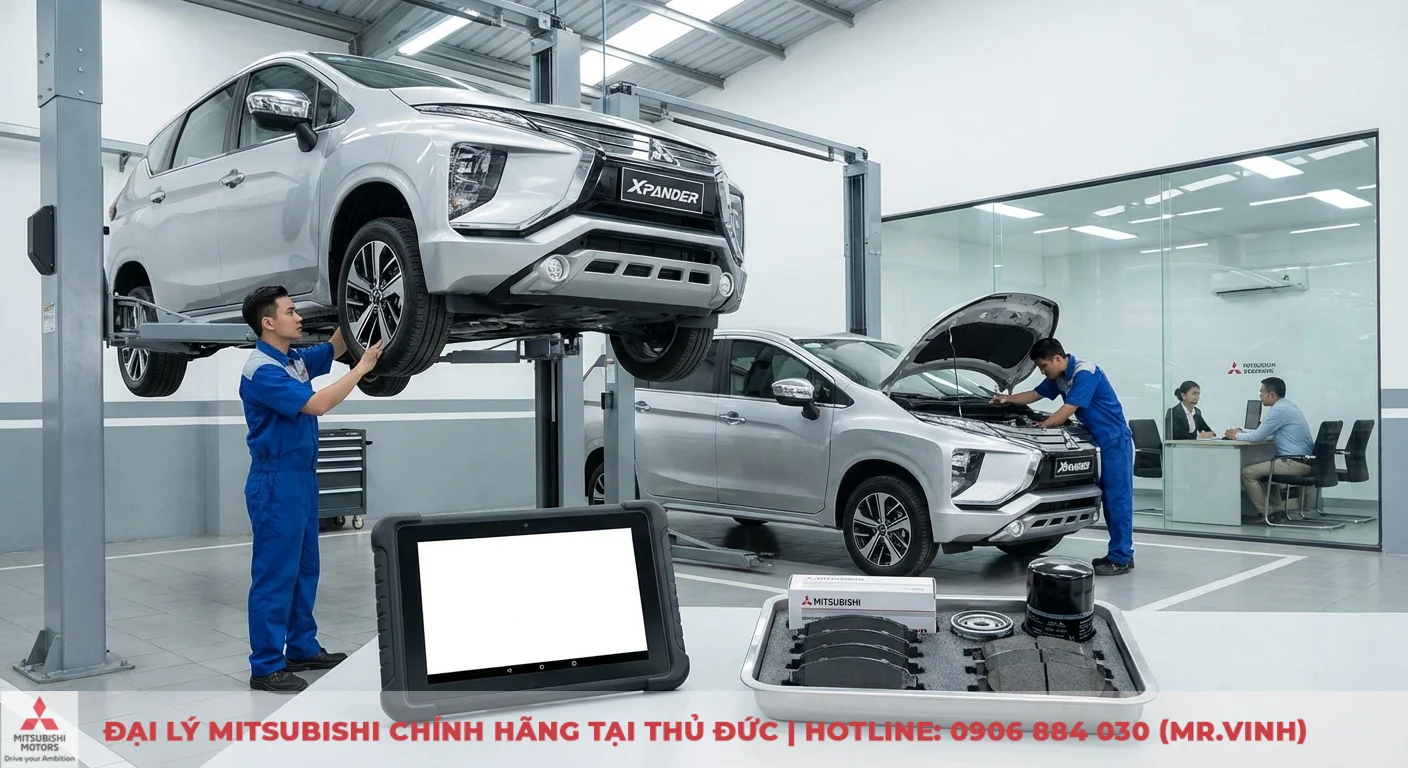 Bảo hành Xpander 2026: Thời hạn và điều kiện tại Mitsubishi Saigon 3S 4 Dịch vụ bảo dưỡng định kỳ xe Mitsubishi Xpander tại đại lý với kỹ thuật viên kiểm tra, phụ tùng chính hãng và tư vấn hỗ trợ để duy trì bảo hành