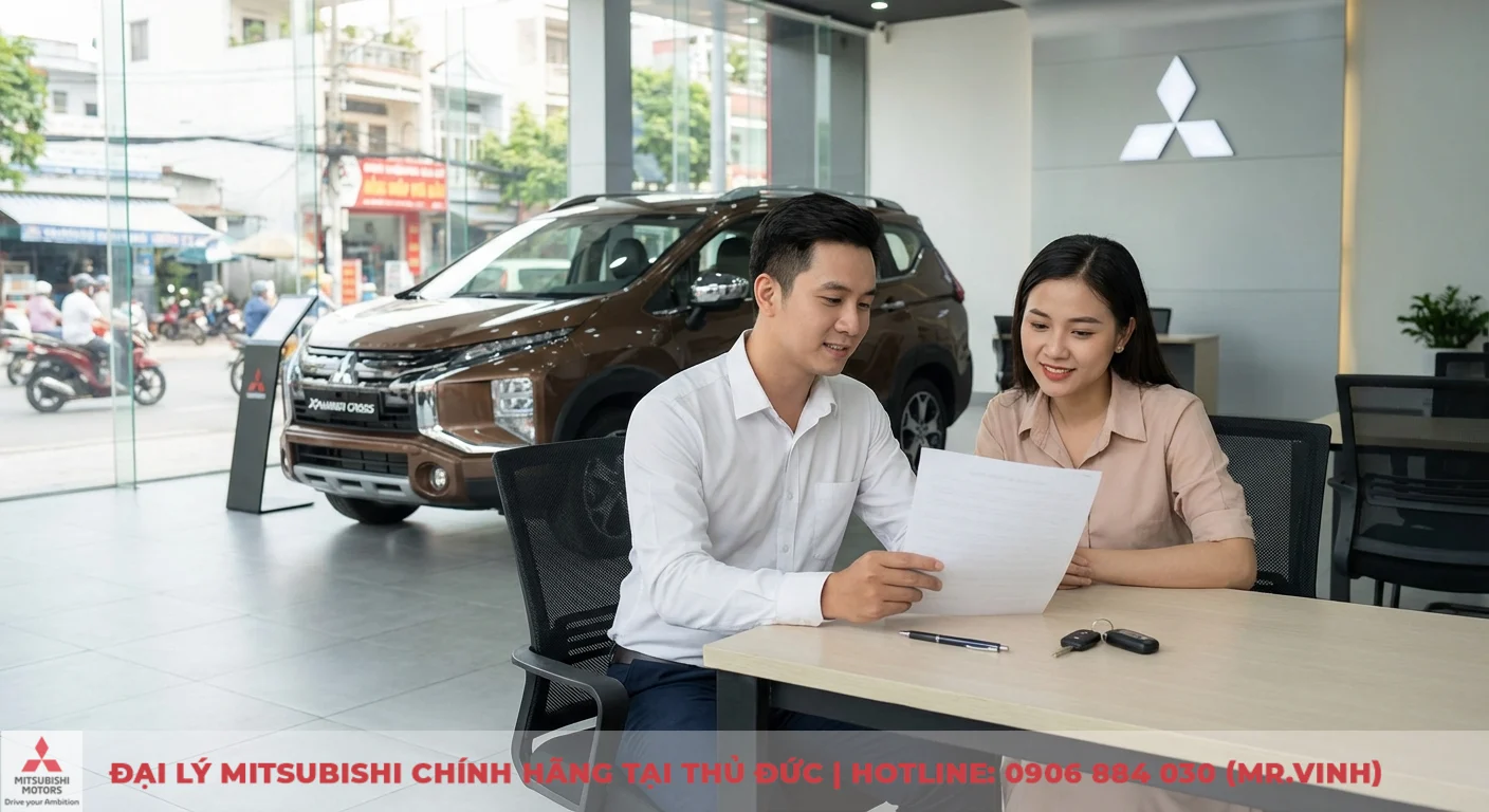 Chủ xe Xpander Cross mới an tâm xem xét chính sách bảo hành cùng nhân viên tư vấn tại showroom Mitsubishi