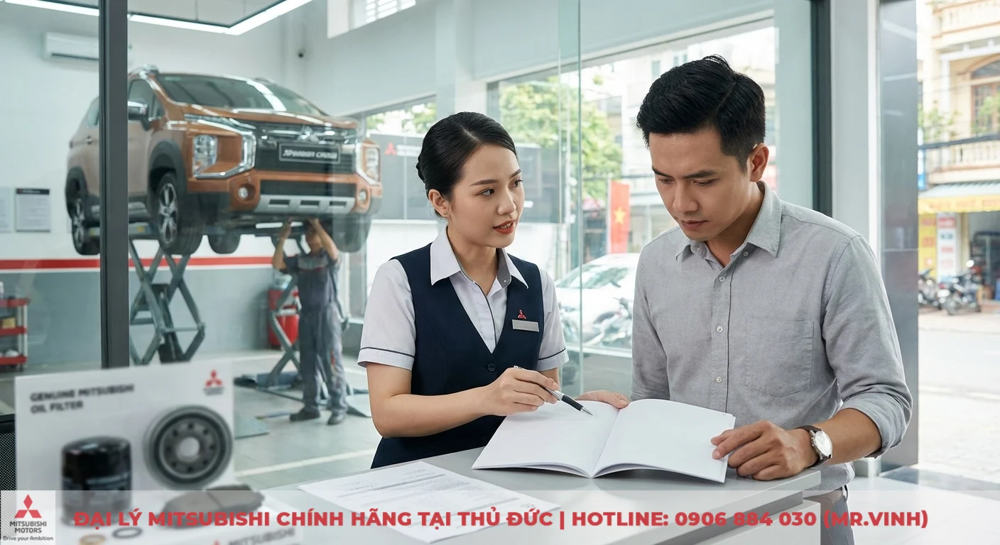 Xpander Cross được bảo dưỡng tại trung tâm, khách hàng đang tư vấn chi tiết bảo hành và phụ tùng chính hãng như lọc dầu