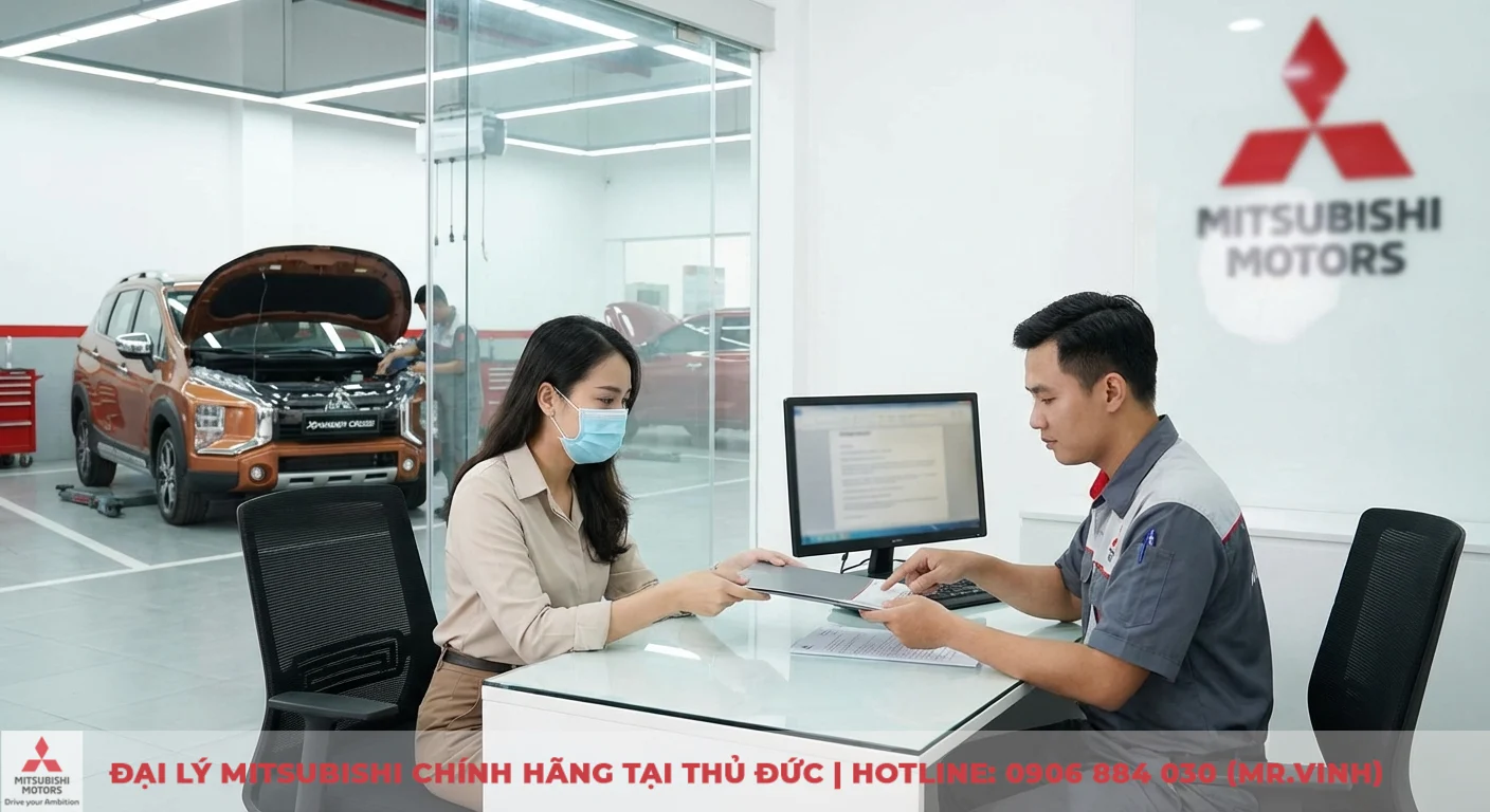 Khách hàng trao đổi với nhân viên dịch vụ về quy trình bảo hành, bảo dưỡng định kỳ cho xe Xpander Cross tại Mitsubishi Sài Gòn