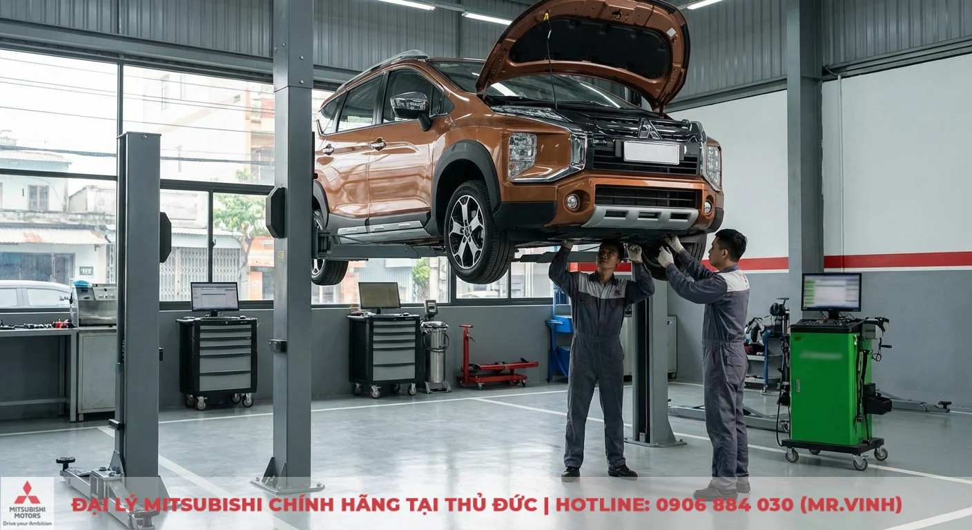 Dịch vụ hỗ trợ, bảo dưỡng xe Mitsubishi Xpander Cross trên cầu nâng bởi kỹ thuật viên, đảm bảo quyền lợi khách hàng