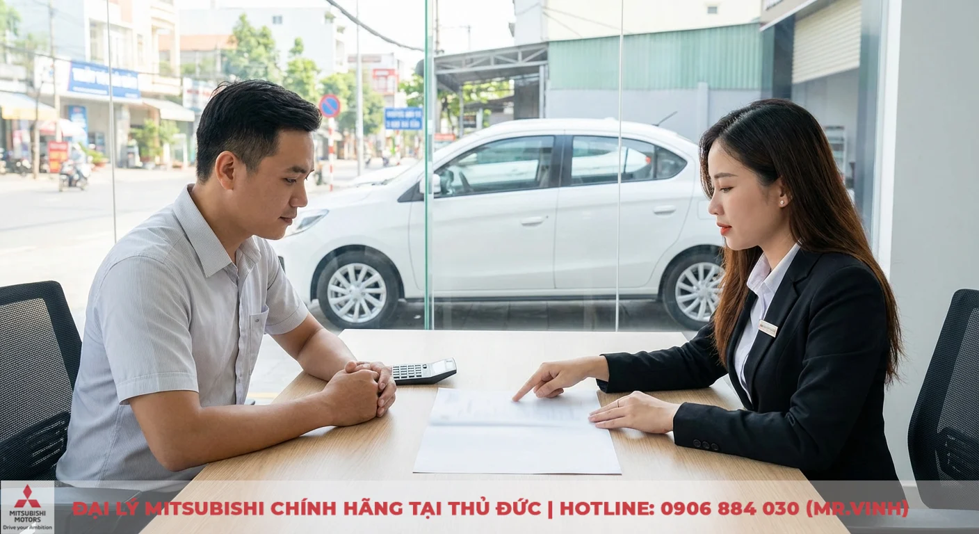 Chi phí nuôi Attrage 2026: Ước tính các khoản vận hành hàng tháng 2 Tư vấn viên và khách hàng bàn bạc chi phí cố định hàng năm cho Mitsubishi Attrage 2026, có máy tính và xe trắng