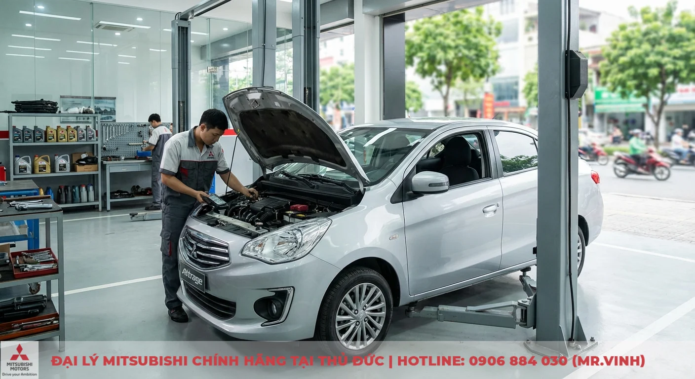 Chi phí nuôi Attrage 2026: Ước tính các khoản vận hành hàng tháng 3 Bảo dưỡng định kỳ xe Mitsubishi Attrage bởi kỹ thuật viên chuyên nghiệp tại trung tâm dịch vụ, yếu tố chính của chi phí vận hành