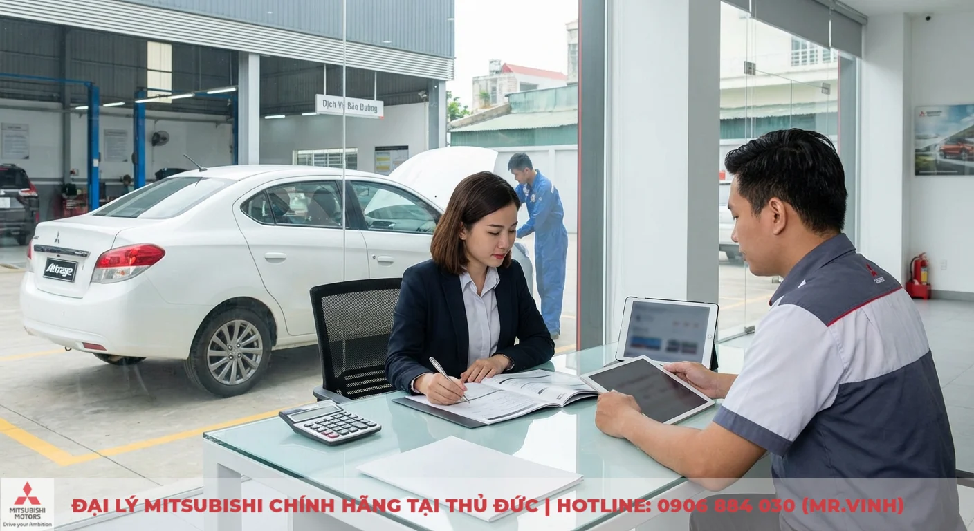 Chi phí nuôi Attrage 2026: Ước tính các khoản vận hành hàng tháng 5 Tư vấn viên giải thích dịch vụ và ưu đãi Mitsubishi Attrage 2026 cho khách hàng tại đại lý TP.HCM với xe đang bảo dưỡng