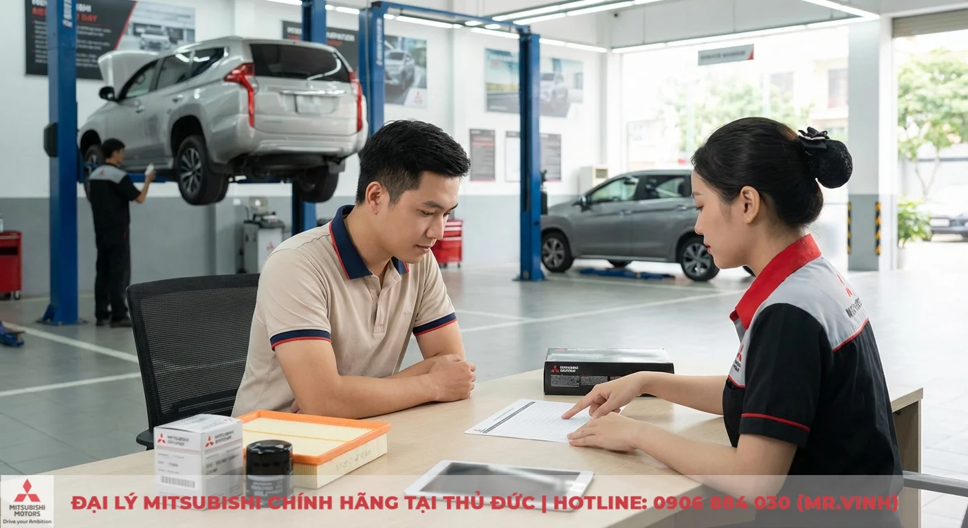 Nh&acirc;n vi&ecirc;n dịch vụ Mitsubishi Motors tư vấn kh&aacute;ch h&agrave;ng về phụ t&ugrave;ng như lọc dầu, lọc gi&oacute; tr&ecirc;n b&agrave;n, xe hơi đang bảo dưỡng tr&ecirc;n cầu n&acirc;ng