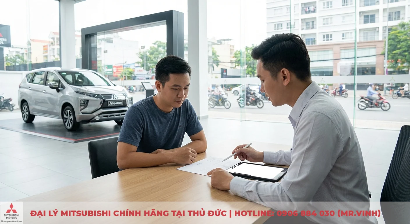 Hai người đ&agrave;n &ocirc;ng tại b&agrave;n gỗ trong showroom &ocirc; t&ocirc;, một nh&acirc;n vi&ecirc;n b&aacute;n h&agrave;ng chỉ giấy tờ cho kh&aacute;ch h&agrave;ng với xe Mitsubishi Xpander ph&iacute;a sau
