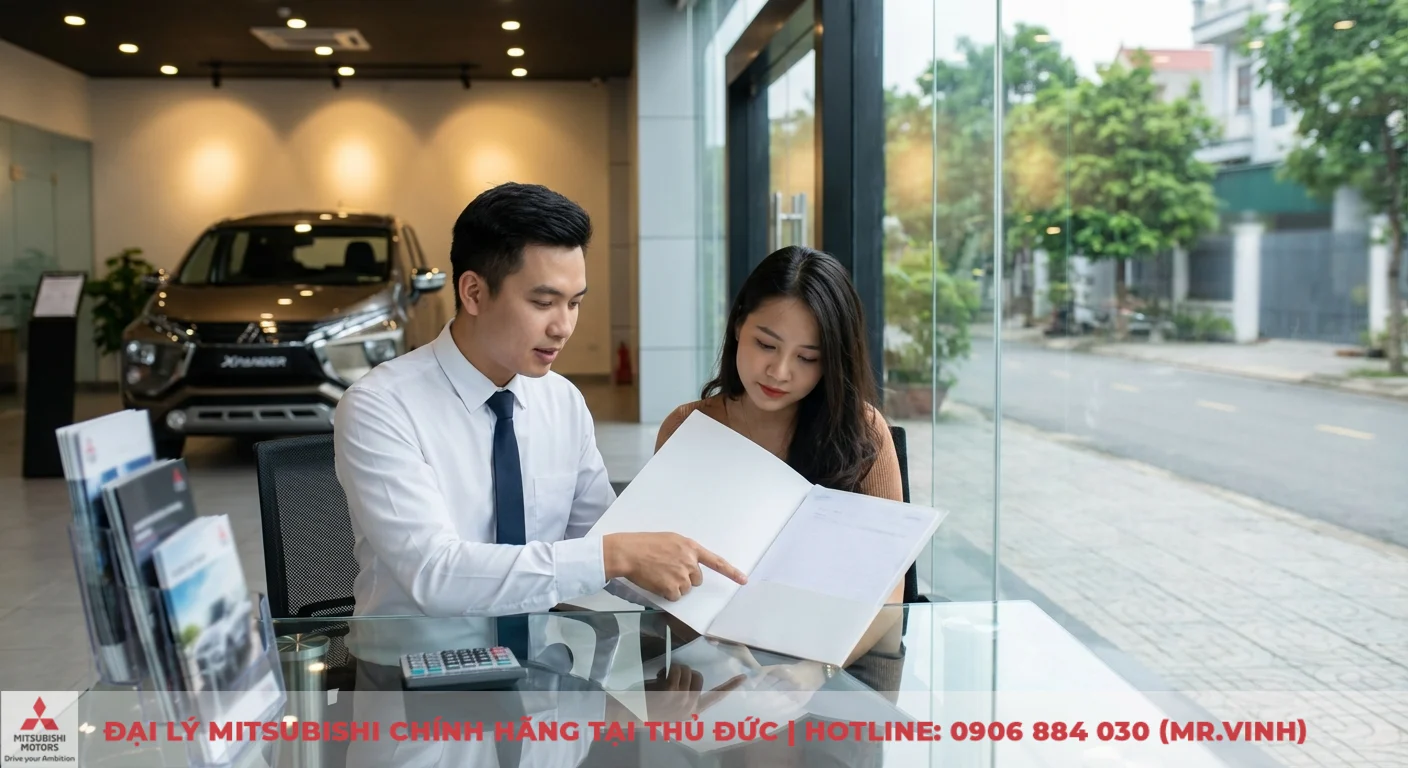 Người đ&agrave;n &ocirc;ng v&agrave; phụ nữ đang ngồi b&agrave;n k&iacute;nh xem hồ sơ trong showroom xe Mitsubishi, c&oacute; xe Xpander v&agrave; phố