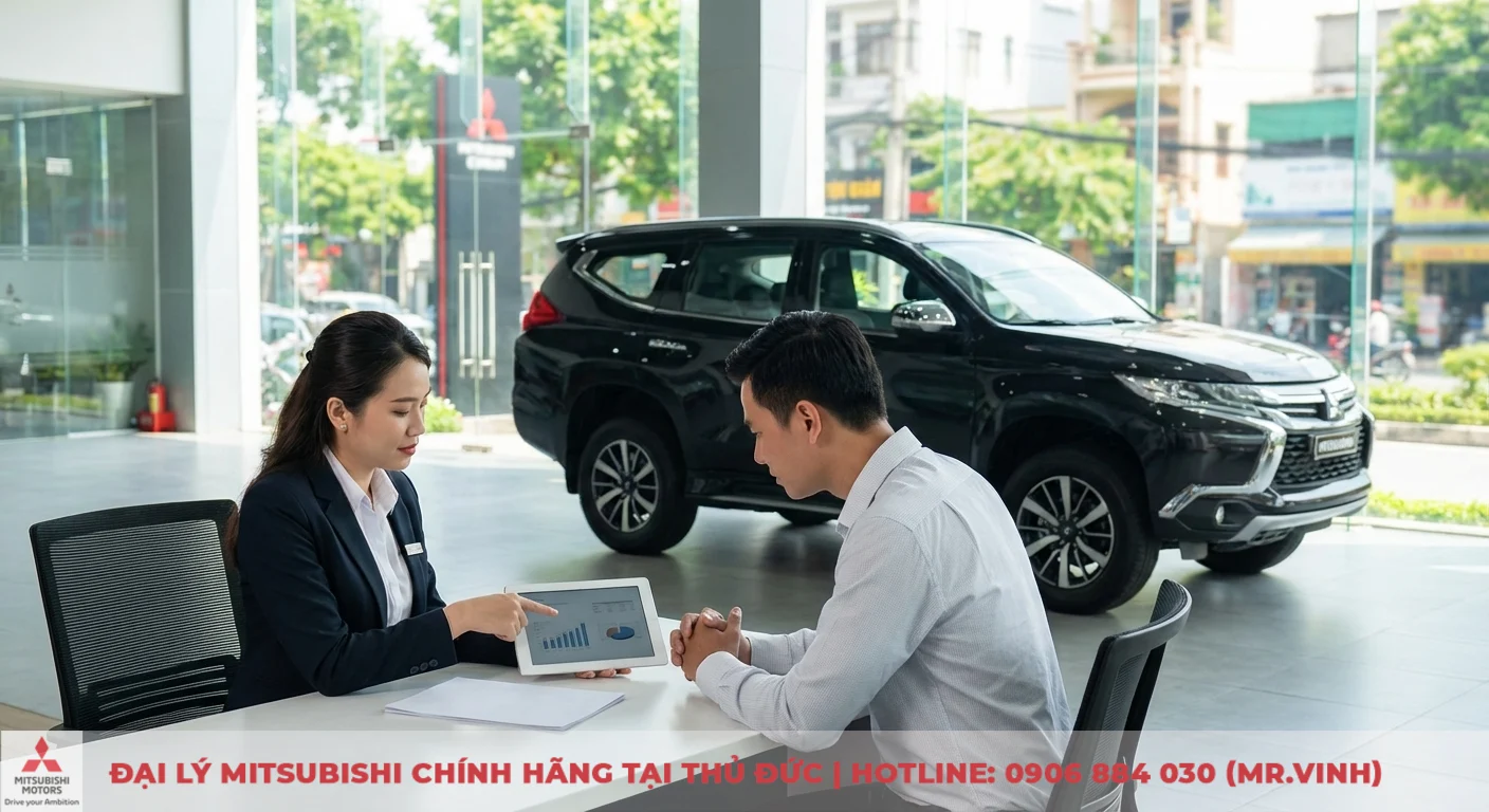 Nh&acirc;n vi&ecirc;n Mitsubishi chỉ v&agrave;o biểu đồ tr&ecirc;n m&aacute;y t&iacute;nh bảng cho kh&aacute;ch h&agrave;ng nam tại showroom, SUV đen ph&iacute;a sau