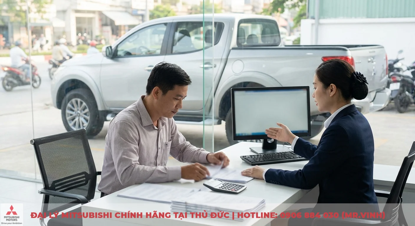 Nữ nh&acirc;n vi&ecirc;n đại l&yacute; &ocirc; t&ocirc; đang tư vấn kh&aacute;ch h&agrave;ng nam xem giấy tờ tr&ecirc;n b&agrave;n, ph&iacute;a sau l&agrave; xe b&aacute;n tải Mitsubishi Triton
