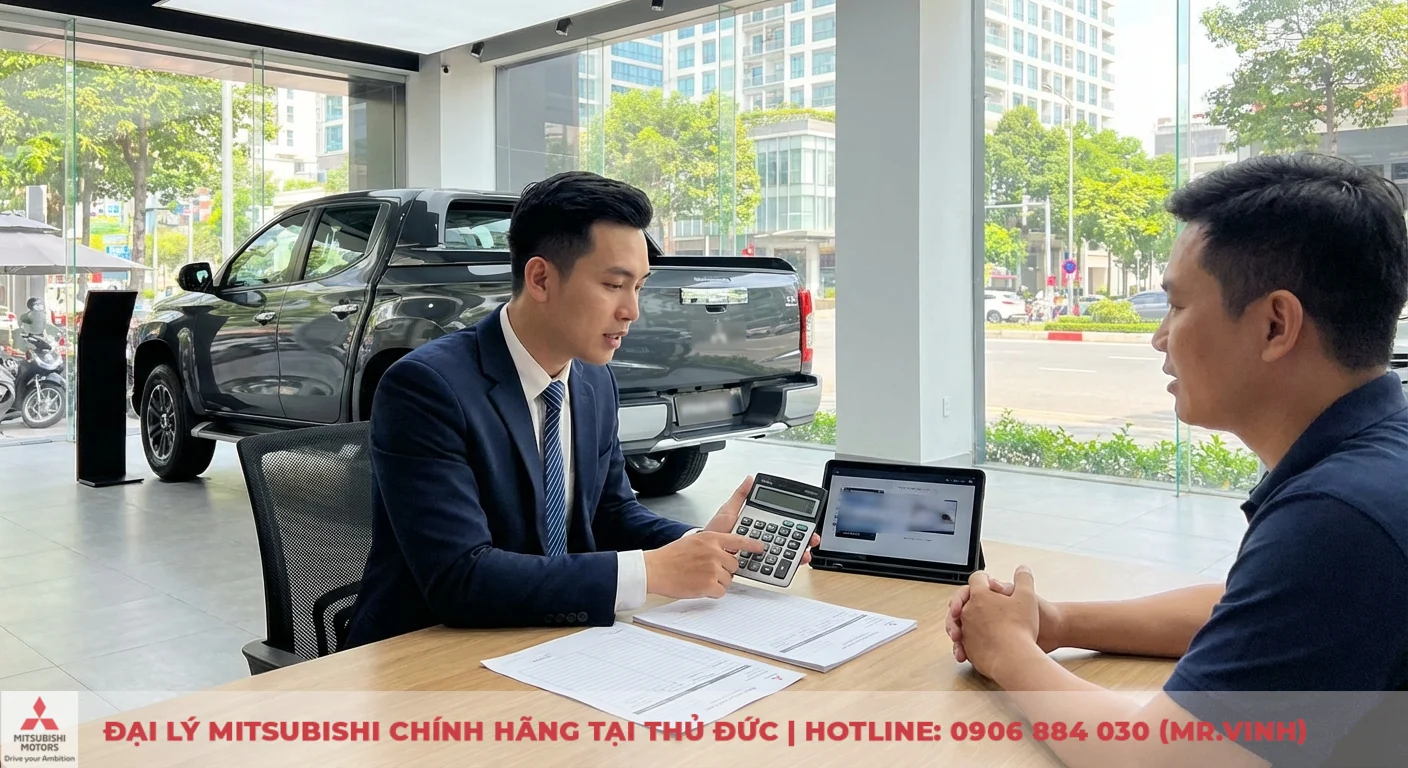 Hai người đ&agrave;n &ocirc;ng ngồi tại b&agrave;n gỗ, một người cầm m&aacute;y t&iacute;nh giải th&iacute;ch chi ph&iacute;, cạnh laptop v&agrave; t&agrave;i liệu, ph&iacute;a sau l&agrave; xe b&aacute;n tải trong showroom