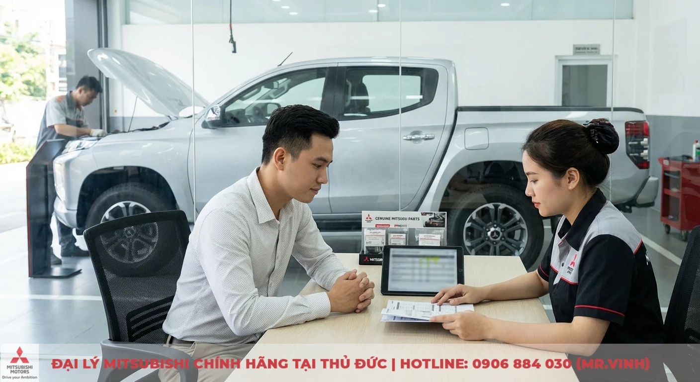 Kh&aacute;ch h&agrave;ng tư vấn dịch vụ tại đại l&yacute; Mitsubishi với chiếc Triton đang bảo dưỡng v&agrave; phụ t&ugrave;ng ch&iacute;nh h&atilde;ng