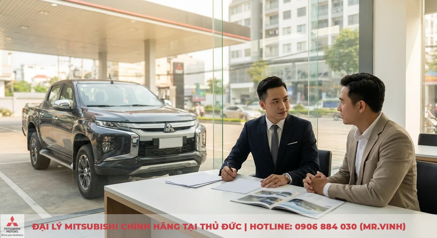 Hai người đ&agrave;n &ocirc;ng ngồi b&agrave;n trong showroom Mitsubishi, một nh&acirc;n vi&ecirc;n tư vấn đang giải th&iacute;ch t&agrave;i liệu cho kh&aacute;ch h&agrave;ng b&ecirc;n cạnh xe Triton 2026