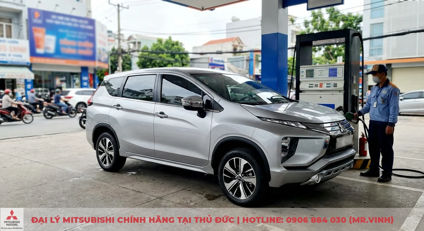 Xforce m&agrave;u bạc đang được đổ xăng tại trạm, minh họa chi ph&iacute; nhi&ecirc;n liệu l&agrave; hạng mục lớn trong chi ph&iacute; nu&ocirc;i Xforce 2026