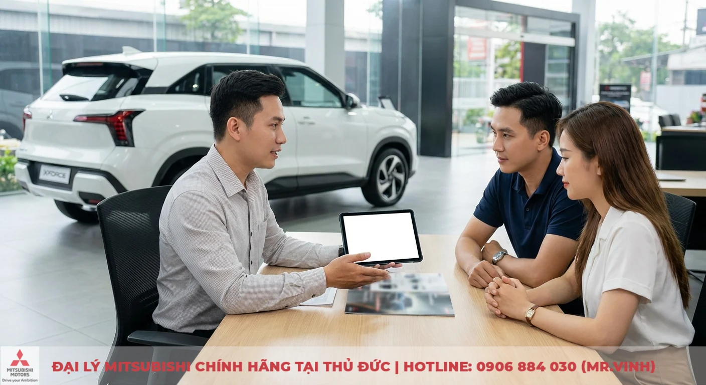 Kh&aacute;ch h&agrave;ng nhận lời khuy&ecirc;n chi tiết về Mitsubishi Xforce 2026 từ nh&acirc;n vi&ecirc;n đại l&yacute;, chuẩn bị quyết định mua
