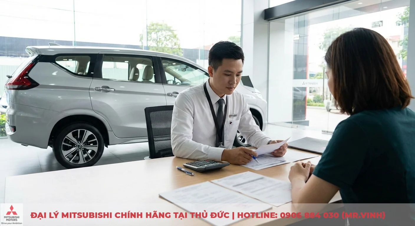 Kh&aacute;ch h&agrave;ng c&ugrave;ng nh&acirc;n vi&ecirc;n tư vấn xem x&eacute;t c&aacute;c khoản ph&iacute; cố định h&agrave;ng năm cho Xpander trong showroom