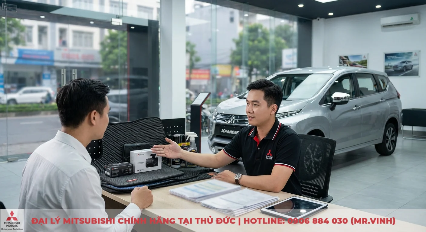 Nh&acirc;n vi&ecirc;n tư vấn chi ph&iacute; phụ kiện Xpander 2026 như camera h&agrave;nh tr&igrave;nh, thảm s&agrave;n cho kh&aacute;ch h&agrave;ng