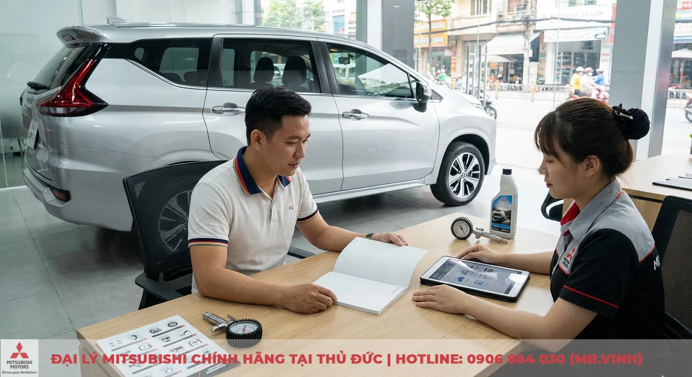 Kh&aacute;ch h&agrave;ng v&agrave; nh&acirc;n vi&ecirc;n Mitsubishi Motors đang thảo luận c&aacute;ch tối ưu chi ph&iacute; nu&ocirc;i Xpander v&agrave; bảo dưỡng định kỳ