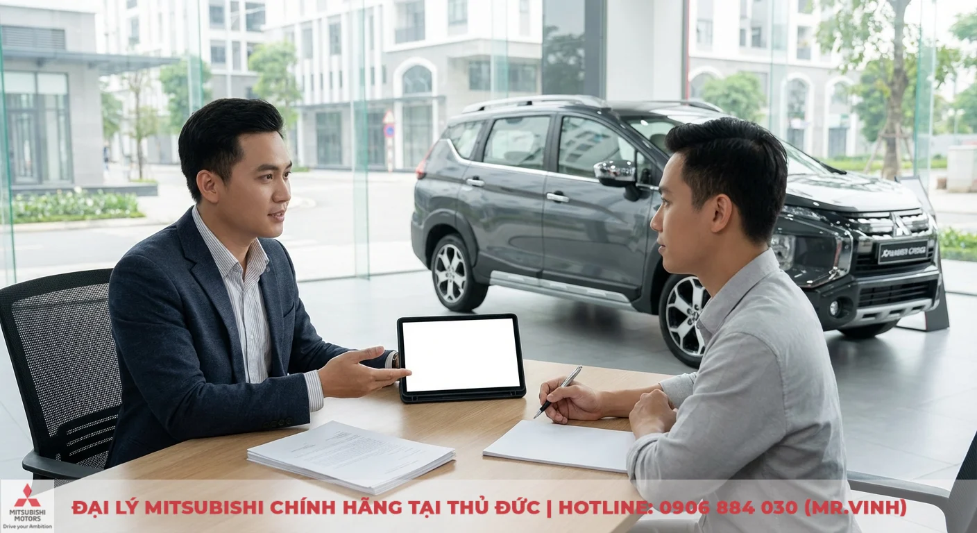 Chi phí nuôi Xpander Cross 2026: Dự toán toàn diện A-Z 1 Khách hàng và nhân viên tư vấn đang thảo luận chi tiết các khoản dự toán chi phí nuôi Xpander Cross 2026