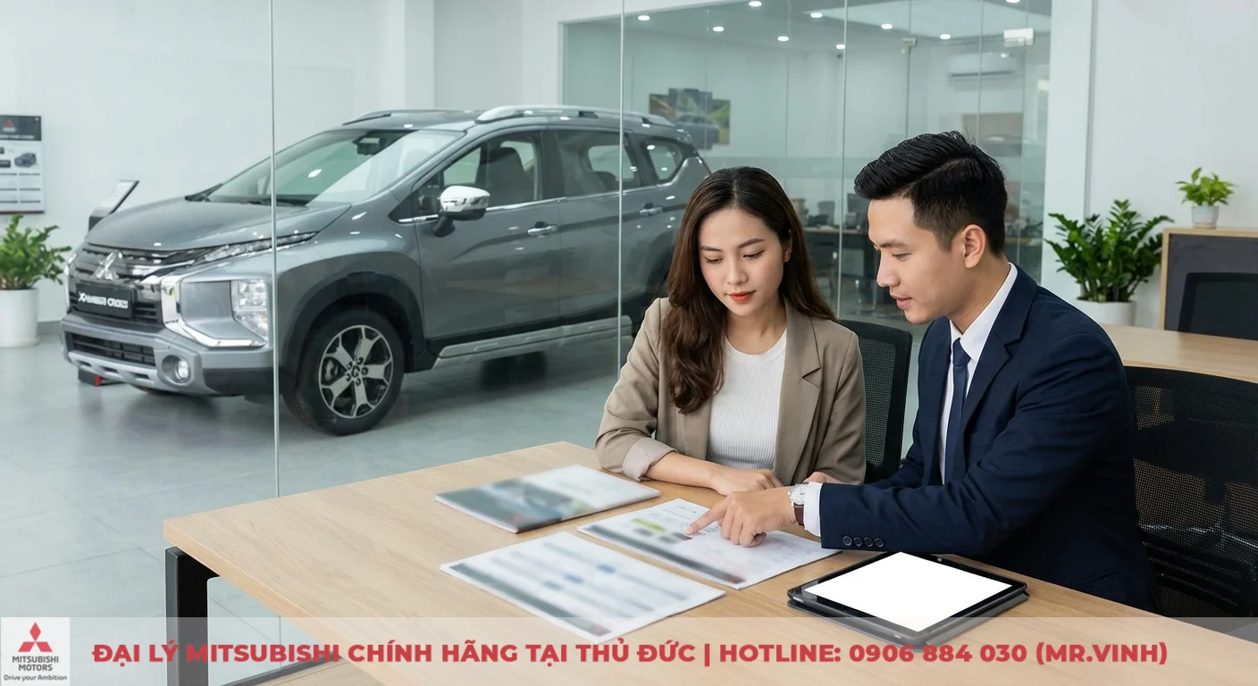 Chi phí nuôi Xpander Cross 2026: Dự toán toàn diện A-Z 2 Khách hàng và nhân viên đại lý xem xét các hạng mục chi phí nuôi Xpander Cross 2026 trên tài liệu tại showroom