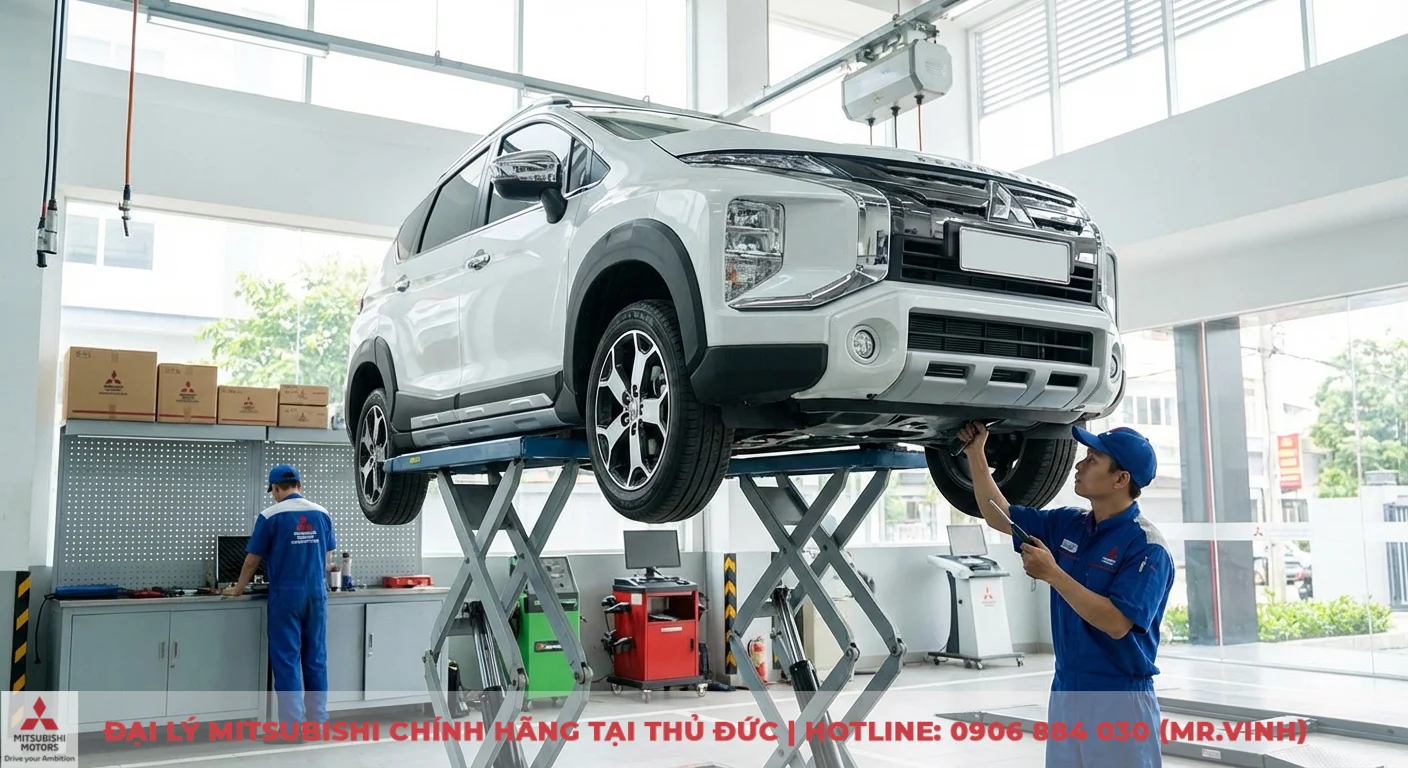 Chi phí nuôi Xpander Cross 2026: Dự toán toàn diện A-Z 3 Kỹ thuật viên Mitsubishi bảo dưỡng định kỳ xe Xpander Cross 2026 tại đại lý, giúp tối ưu chi phí và tuổi thọ xe