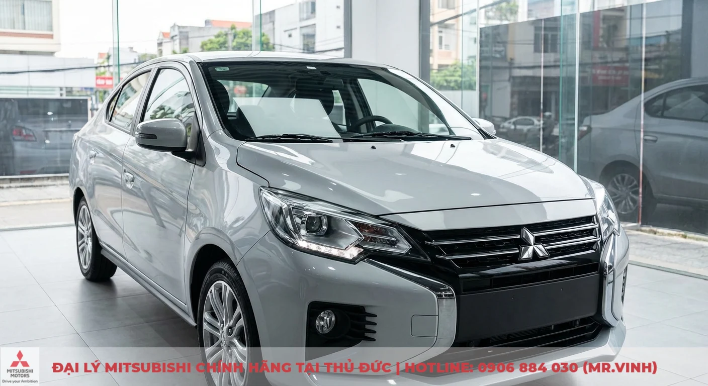 Mitsubishi Attrage 2026 m&agrave;u bạc với ng&ocirc;n ngữ thiết kế Dynamic Shield hiện đại, đ&egrave;n pha LED v&agrave; dải định vị ban ng&agrave;y tinh tế