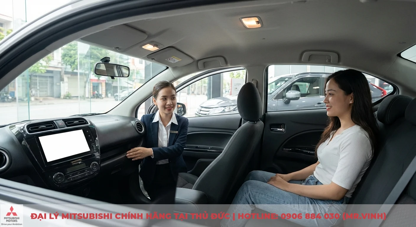 Ưu điểm kh&ocirc;ng gian nội thất rộng r&atilde;i v&agrave; m&agrave;n h&igrave;nh cảm ứng của Mitsubishi Attrage 2026 qua trải nghiệm kh&aacute;ch h&agrave;ng