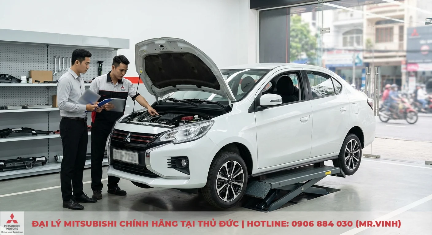 Kỹ thuật vi&ecirc;n đang kiểm tra động cơ Mitsubishi Attrage 2026 tr&ecirc;n bệ n&acirc;ng, nhấn mạnh chi ph&iacute; bảo dưỡng v&agrave; vận h&agrave;nh hiệu quả