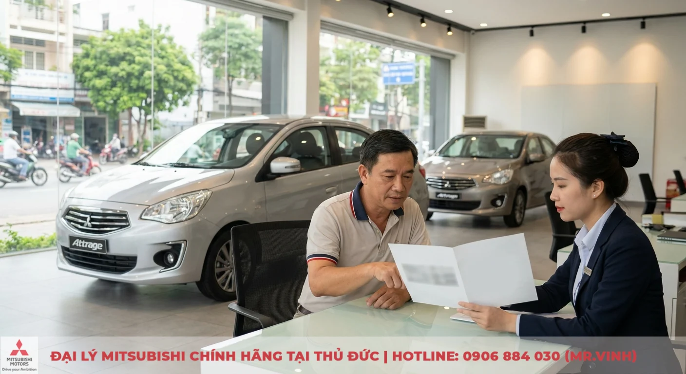 Kh&aacute;ch h&agrave;ng c&ugrave;ng nh&acirc;n vi&ecirc;n tư vấn xem t&agrave;i liệu Attrage 2026 tại showroom, so s&aacute;nh c&aacute;c t&iacute;nh năng ưu việt