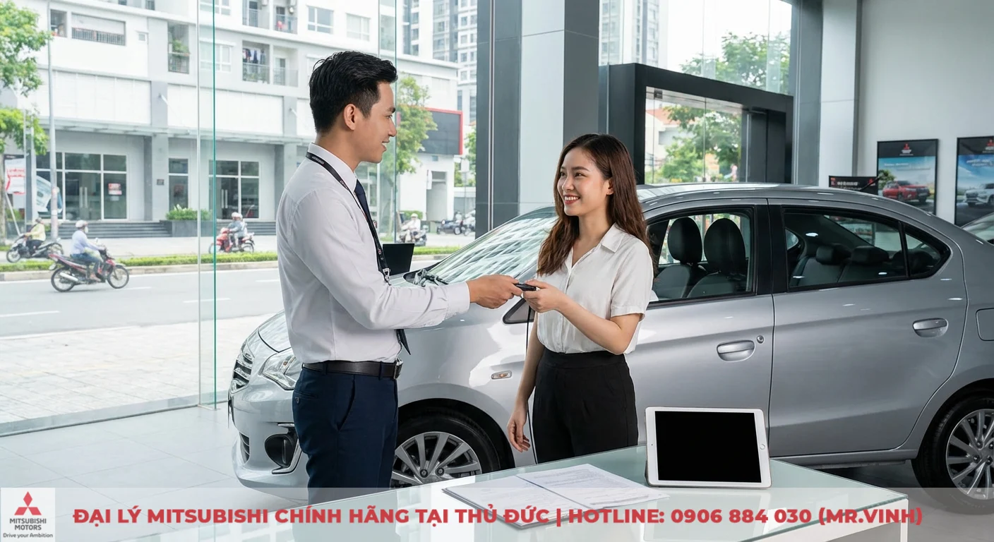 Kh&aacute;ch h&agrave;ng vui mừng nhận ch&igrave;a kh&oacute;a Mitsubishi Attrage 2026 từ nh&acirc;n vi&ecirc;n tại đại l&yacute; Saigon 3S TP.HCM