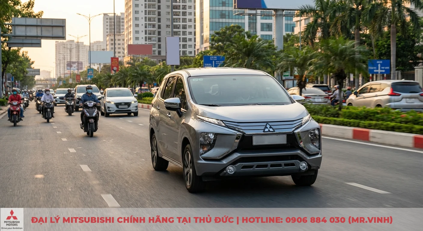 Giao th&ocirc;ng đ&ocirc; thị đ&ocirc;ng đ&uacute;c với nhiều xe m&aacute;y, &ocirc; t&ocirc; tr&ecirc;n đường, Mitsubishi Xpander bạc ph&iacute;a trước, t&ograve;a nh&agrave; v&agrave; c&acirc;y cọ
