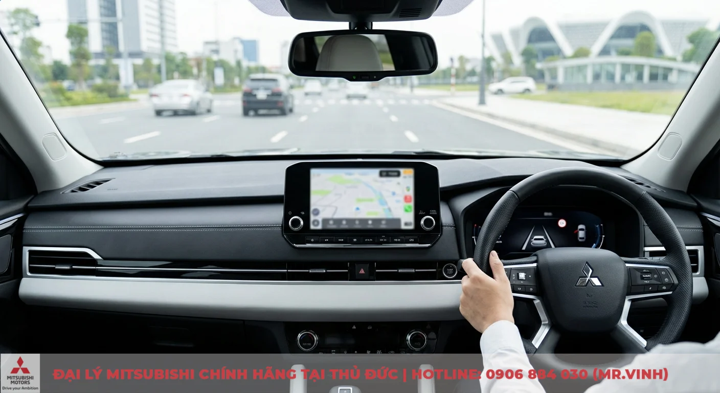 G&oacute;c nh&igrave;n từ ghế l&aacute;i trong xe hơi, v&ocirc; lăng Mitsubishi, m&agrave;n h&igrave;nh điều hướng bản đồ v&agrave; bảng đồng hồ kỹ thuật số hiển thị tốc độ 70