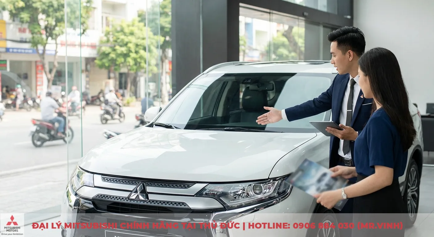 Một nh&acirc;n vi&ecirc;n b&aacute;n h&agrave;ng nam đang giới thiệu xe SUV Mitsubishi m&agrave;u trắng cho kh&aacute;ch h&agrave;ng nữ tại showroom, nh&igrave;n ra đường phố nhiều xe m&aacute;y