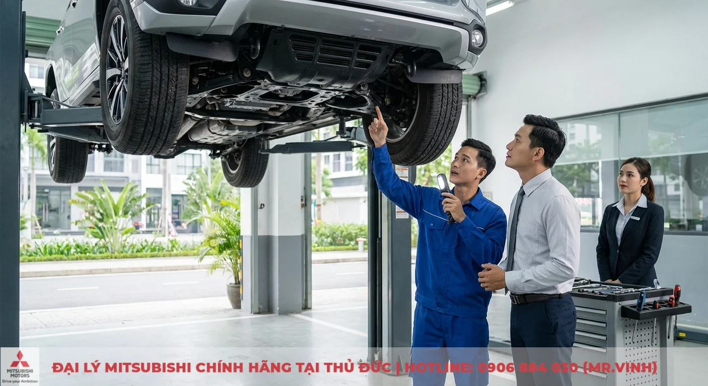 Thợ m&aacute;y d&ugrave;ng đ&egrave;n pin kiểm tra gầm &ocirc; t&ocirc; đang n&acirc;ng, chỉ cho cố vấn dịch vụ v&agrave; nh&acirc;n vi&ecirc;n nữ xem tại trung t&acirc;m bảo dưỡng