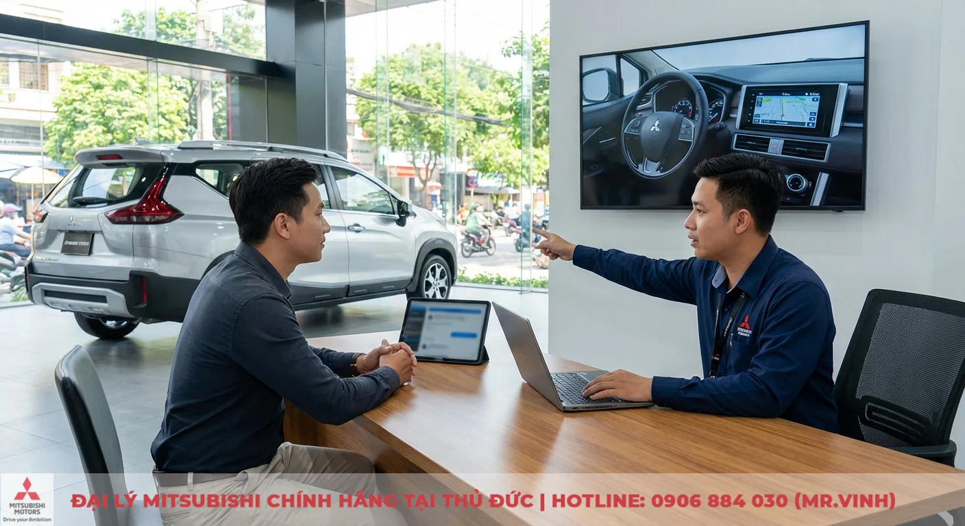Nh&acirc;n vi&ecirc;n Mitsubishi tư vấn kh&aacute;ch tại showroom, chỉ m&agrave;n h&igrave;nh TV nội thất xe v&agrave; định vị, với laptop, tablet