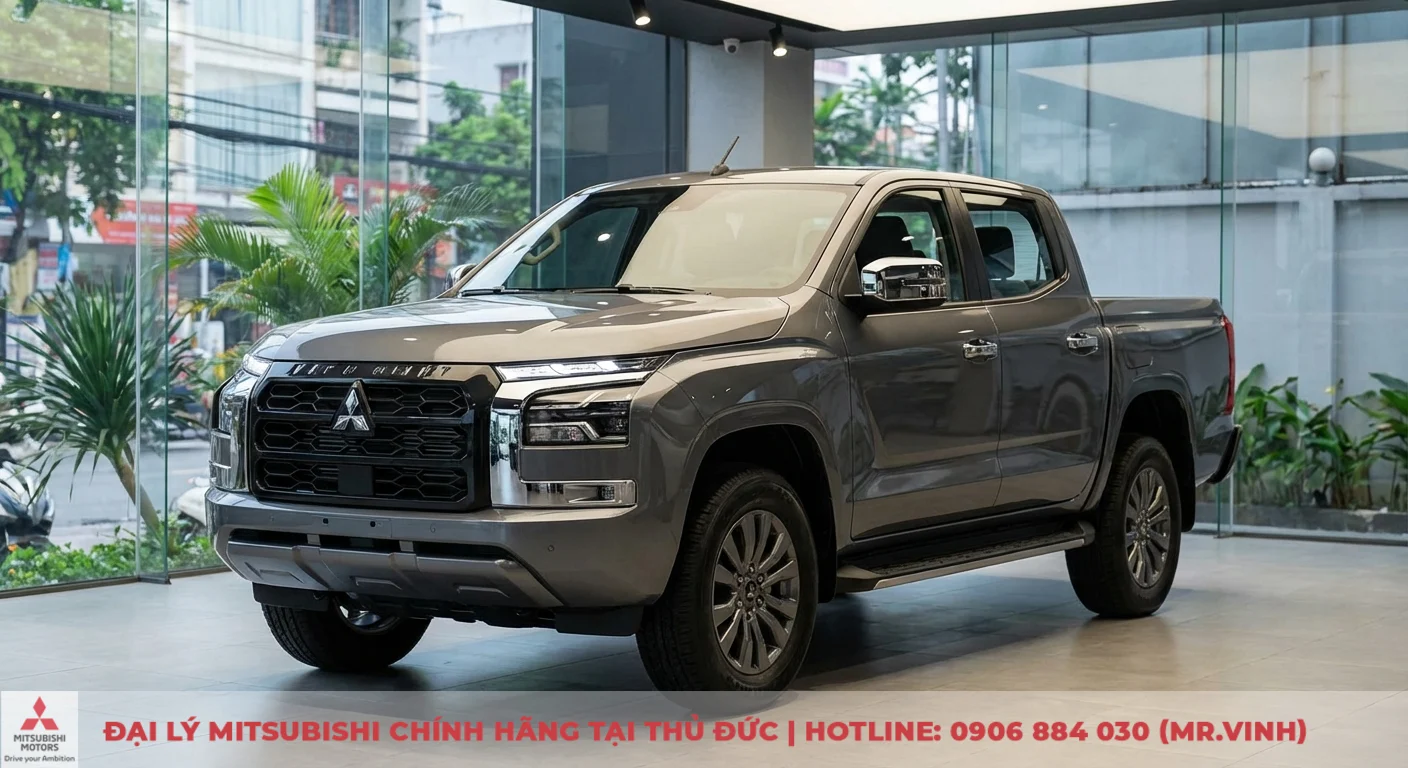 Xe b&aacute;n tải Mitsubishi Triton m&agrave;u x&aacute;m bạc với lưới tản nhiệt Dynamic Shield, đ&egrave;n LED sắc sảo, đang trưng b&agrave;y trong showroom