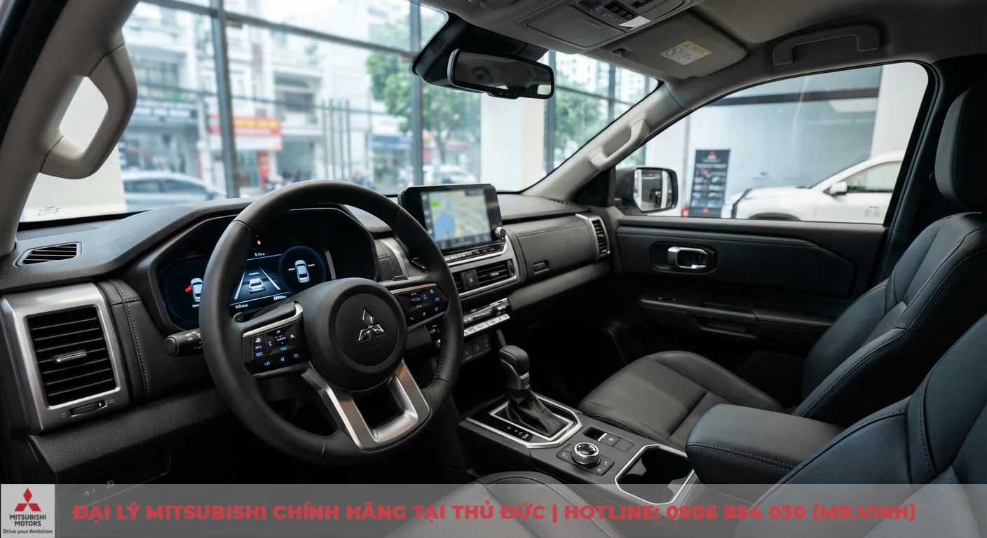 Khoang l&aacute;i xe &ocirc; t&ocirc; Mitsubishi Triton hiện đại với v&ocirc; lăng, m&agrave;n h&igrave;nh kỹ thuật số hiển thị ADAS, m&agrave;n h&igrave;nh giải tr&iacute; trung t&acirc;m v&agrave; ghế da đen