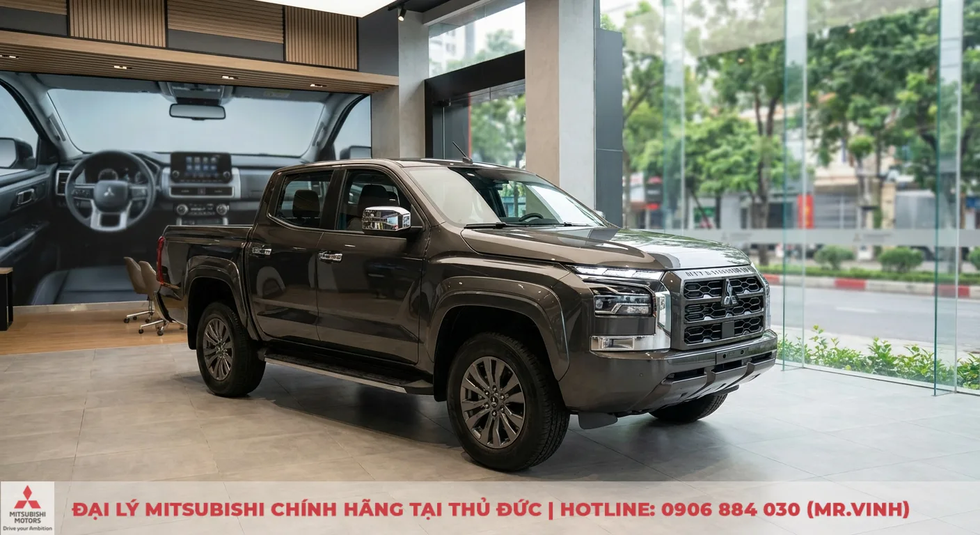 Xe b&aacute;n tải Mitsubishi Triton m&agrave;u x&aacute;m đậm trưng b&agrave;y trong showroom, b&ecirc;n cạnh cửa k&iacute;nh lớn nh&igrave;n ra đường phố v&agrave; m&agrave;n h&igrave;nh nội thất xe